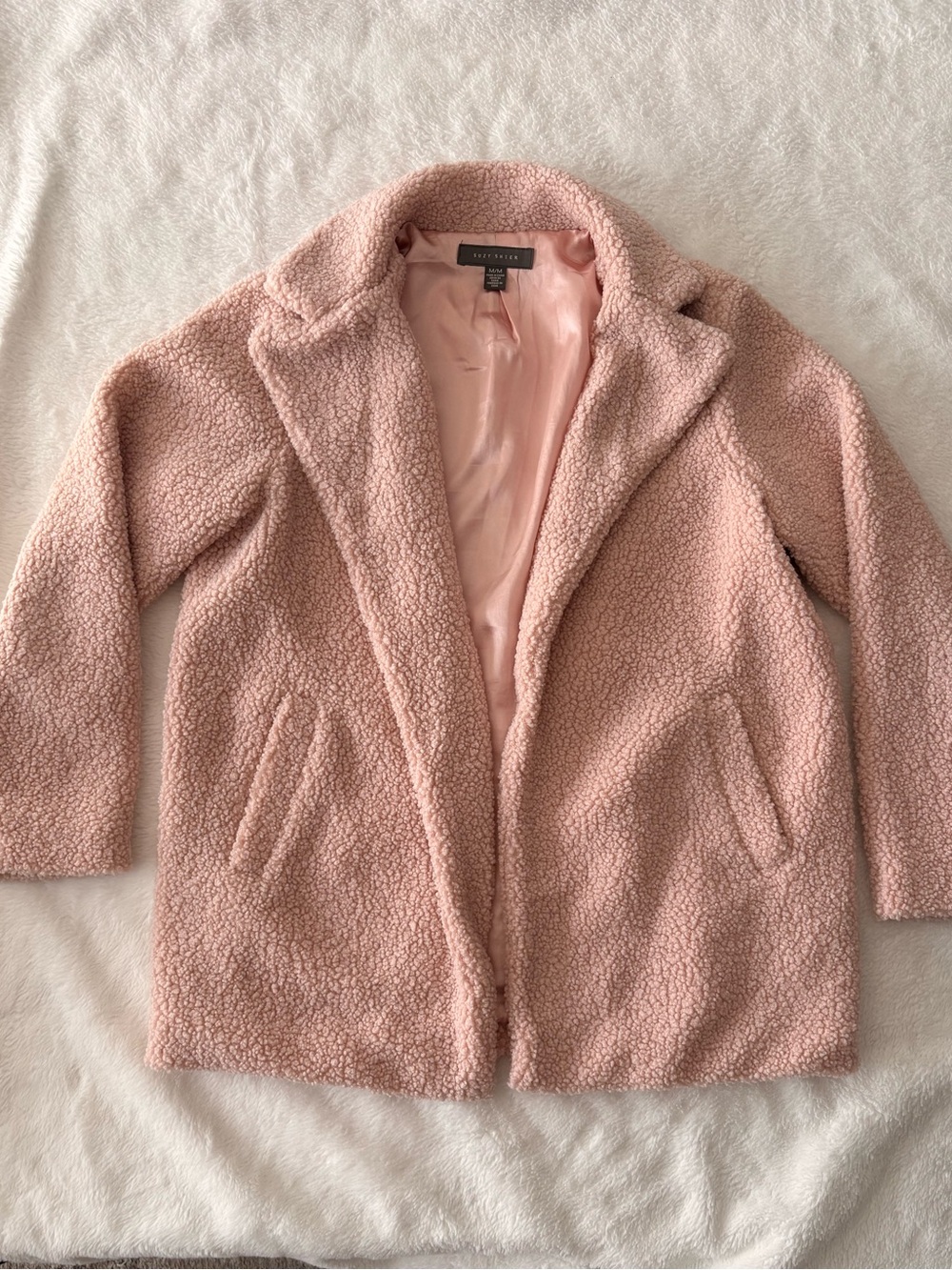 Suzy Shier Pink Teddy Coat with Notched Collar